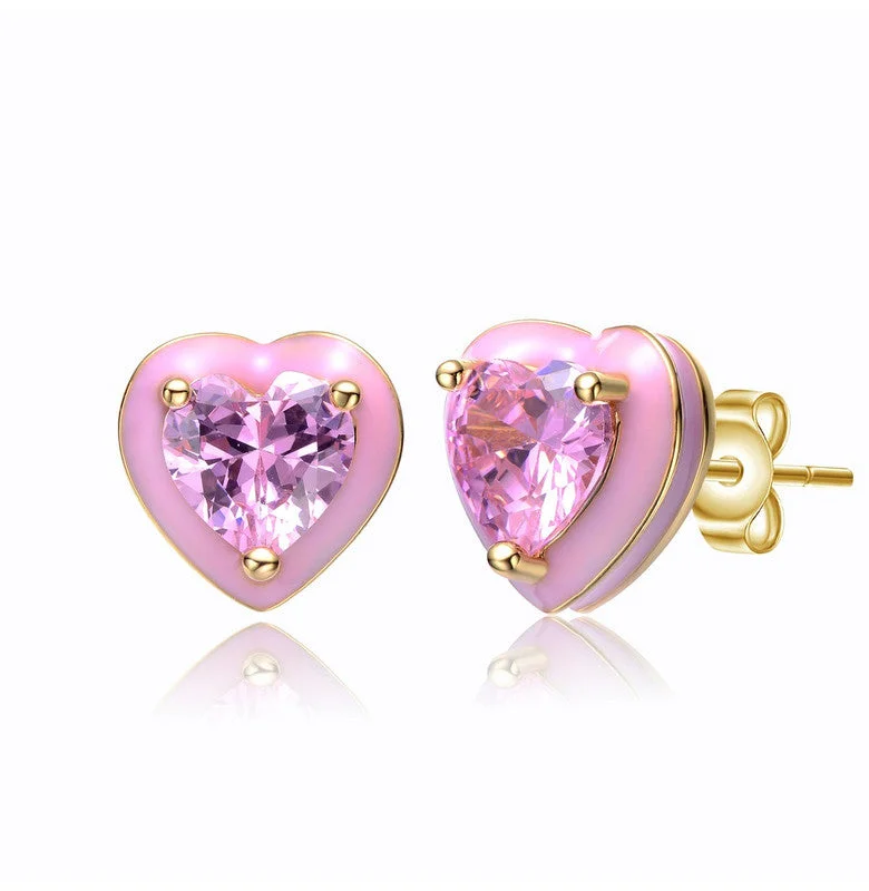 Stud Earrings for Wedding Ceremony -Young Adults/Teens 14k Yellow Gold Plated with Pink Cubic Zirconia and Pink Enamel Heart Stud Earrings