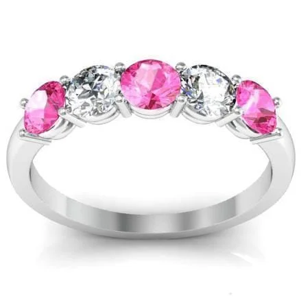 Women’s rings with smoky quartz for depth -1.00 cttw Shared Prong Pink Sapphire and Diamond Five Stone Ring