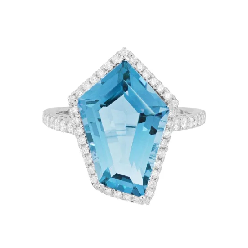 Women’s rings with gothic emerald for drama -14k White Gold Swiss Blue Topaz and Diamond Ring