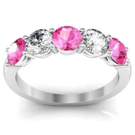 Women’s rings with starburst garnet for beauty -1.50cttw Shared Prong Pink Sapphire and Diamond Five Stone Ring