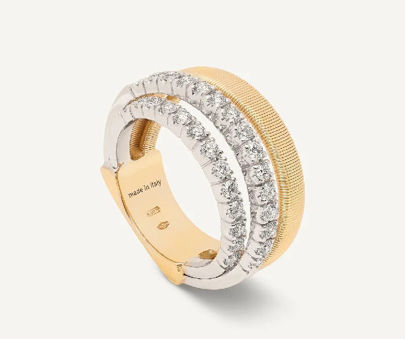 Women’s rings with clustered rose quartz stones -18K Yellow Gold 4-Strand Coil Ring With 2 Diamond Pavé Bands