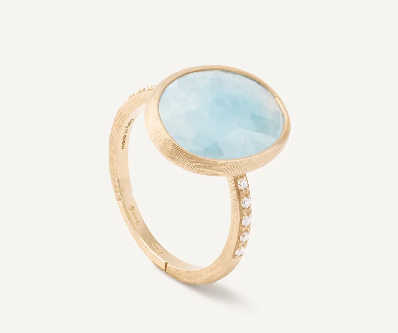 Women’s rings with bezel-set aquamarine gems -18K Yellow Gold Aquamarine Ring with Diamond Pavé Shank