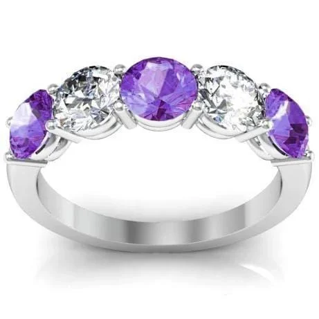 Women’s rings with rough garnet for rugged -2.00cttw Shared Prong Diamond and Amethyst Five Stone Ring