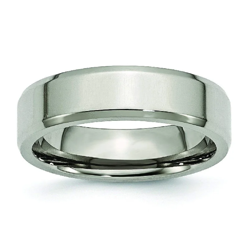 Women’s promise rings with subtle star engravings -6mm Polished Titanium Wedding Ring with Beveled Edges