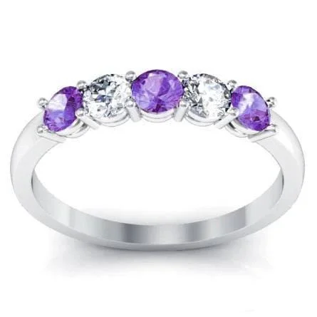 Women’s rings with agate slices for earthiness -0.50cttw Shared Prong Amethyst and Diamond Five Stone Ring