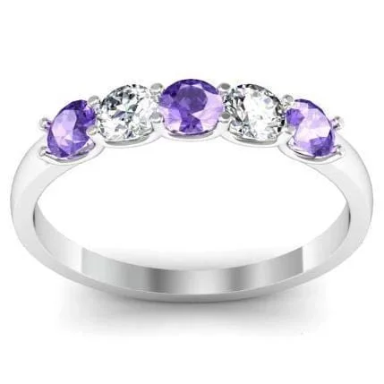 Women’s slim rings with pave sapphire accents -0.50cttw U Prong Amethyst Birthstone and Diamond 5 Stone Ring