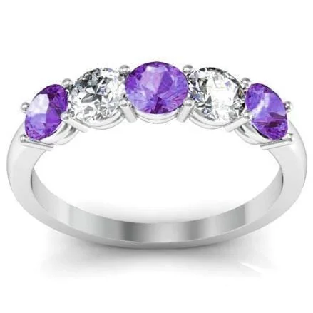 Women’s statement rings with large coral gems -1.00cttw Shared Prong Diamond and Amethyst Five Stone Ring