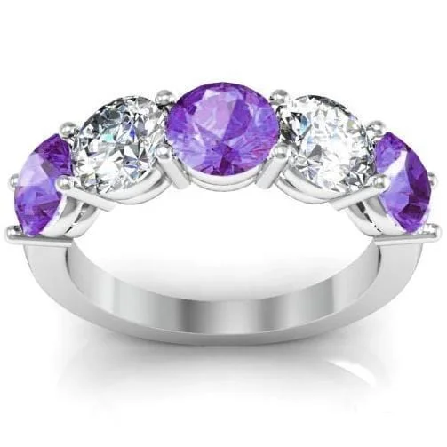 Women’s rings with spiral gold band twists -3.00cttw Shared Prong Diamond and Amethyst 5 Stone Ring