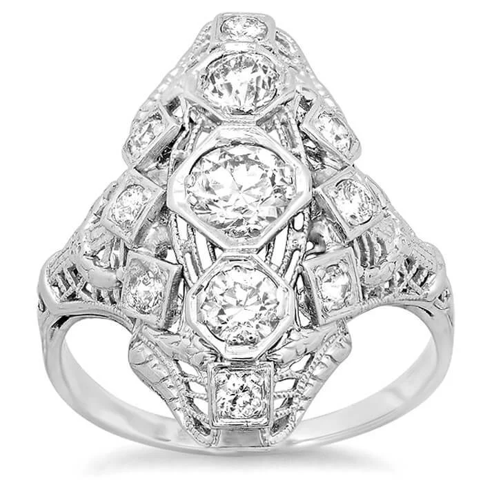 Women’s rings with intricate mandala engravings -Antique Style Three Stone Dinner Ring 1.35cttw 18kt White Gold