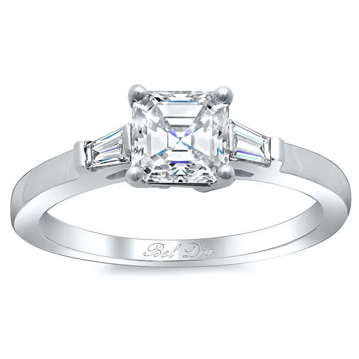 Women’s rings with crescent moonstone for charm -Asscher Three Stone Engagement Ring with Baguettes