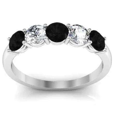 Women’s rings with polished jade for calm -1.00cttw Shared Prong Black Diamond and White Diamond Five Stone Ring