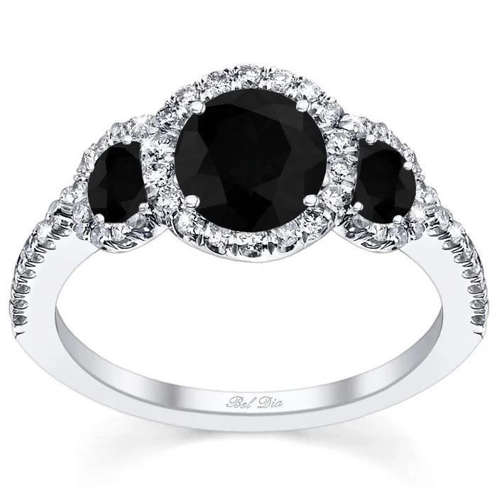 Women’s bridal rings with diamond halo settings -Black Diamond Three Stone Halo Engagement Ring