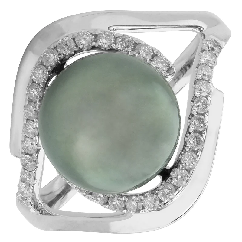 Women’s rings with bold agate for earth -Black Tahitian Pearl Ring in 14kt White Gold with Diamonds (1/3ct tw) (10-11mm pearl)