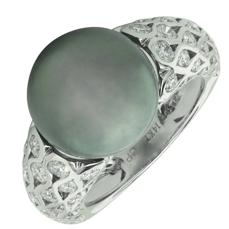 Women’s rings with crescent peridot for green -Black Tahitian Pearl Ring in 14kt White Gold with Diamonds (1 5/8ct tw) (12-13mm pearl)