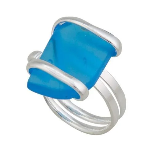 Women’s stretch rings for adjustable comfort fit -Blue Pompano Beach Glass Freeform Ring