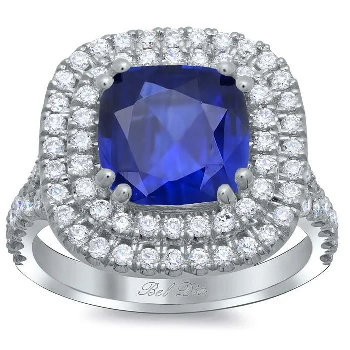 Women’s layered rings with mixed gemstone bands -Blue Sapphire Cushion Double Halo Engagement Ring