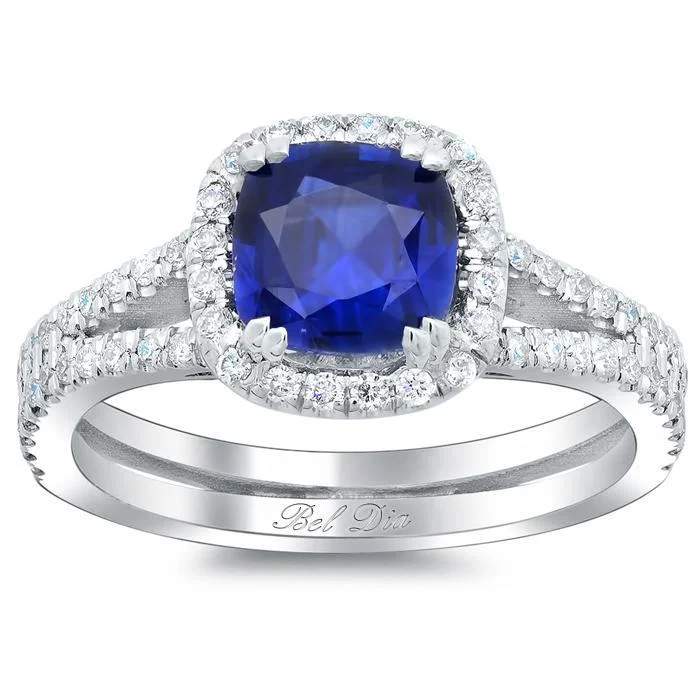 Women’s custom rings with engraved love messages -Blue Sapphire Cushion Double Shank Halo Engagement Ring