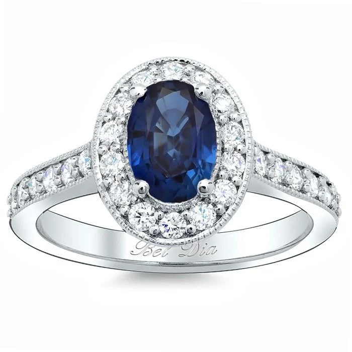 Women’s gold rings with shimmering opal centerpieces -Blue Sapphire Oval Pave Halo Engagement Ring