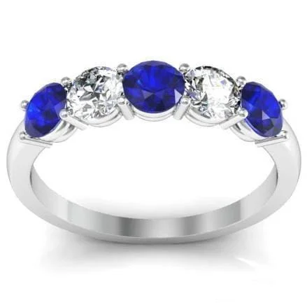 Women’s rings with raw moonstone for mystique -1.00cttw Shared Prong Blue Sapphire and Diamond Five Stone Ring