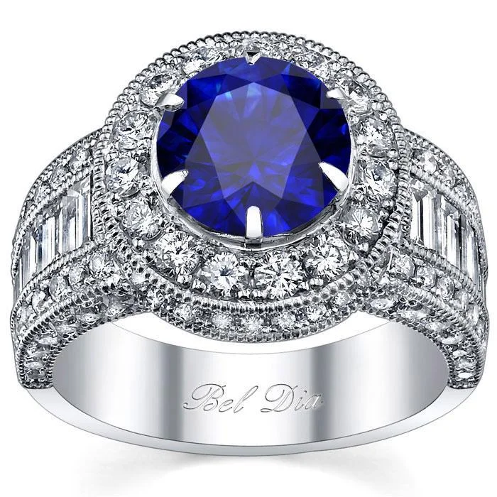 Women’s rings with rough sapphire for chic -Blue Sapphire Round Halo Engagement Ring