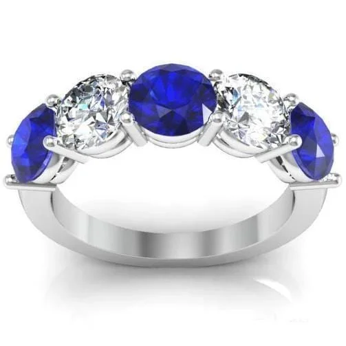 Women’s rings with tiger eye band warmth -3.00cttw Shared Prong Blue Sapphire and Diamond Five Stone Ring