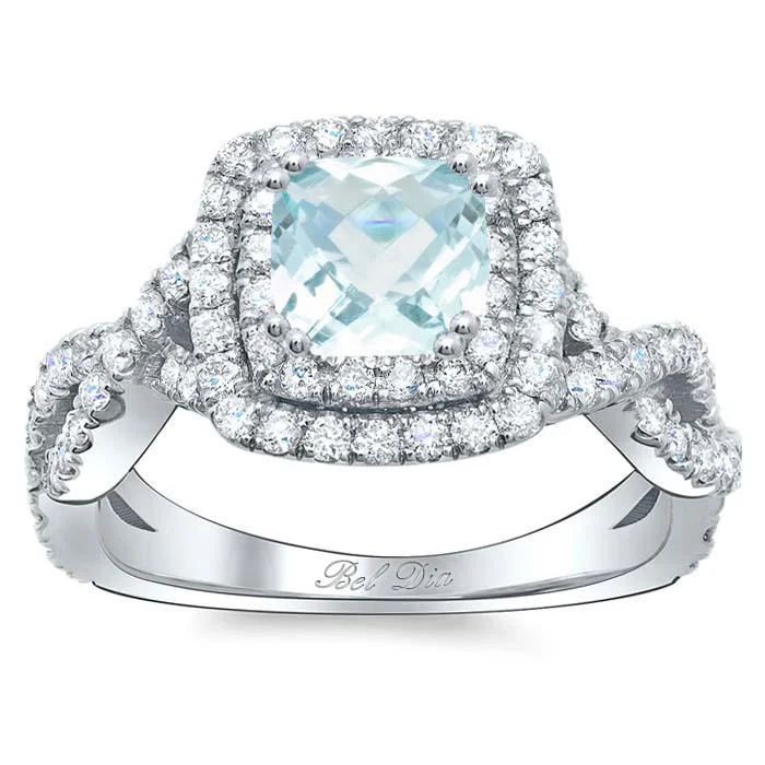 Women’s rings with raw moonstone for mystique -Cushion Aquamarine Double Halo Engagement Ring with Twisted Band