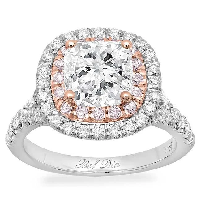 Women’s rings with pave topaz for dazzle -Cushion Baby Split Double Halo Engagement Ring with Pink Diamonds