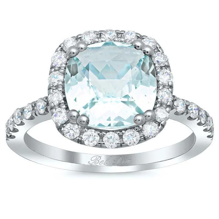 Women’s rings with channel-set peridot gems -Cushion Cut Aquamarine Halo Engagement Ring