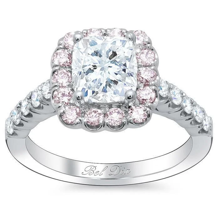 Women’s rings with twisted bands for style -Cushion Engagement Ring with Pink Diamond Halo