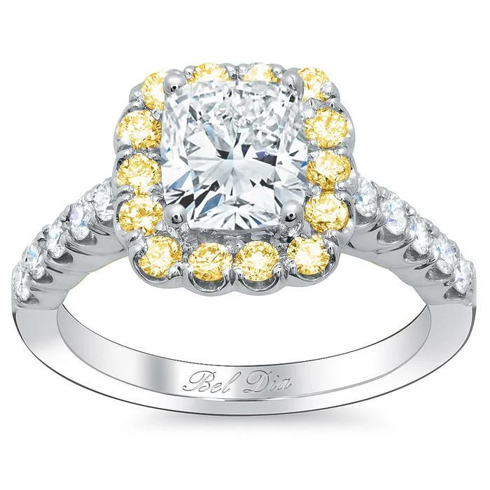 Women’s rings with vintage claw prong settings -Cushion Engagement Ring with Yellow Diamond Halo