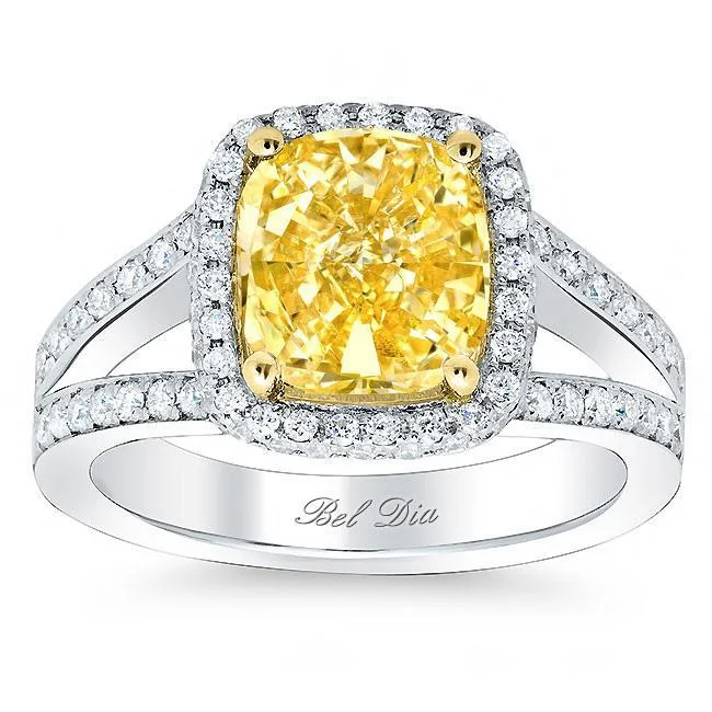 Women’s rings with spiral gold band twists -Cushion Yellow Diamond Split Shank Engagement Ring