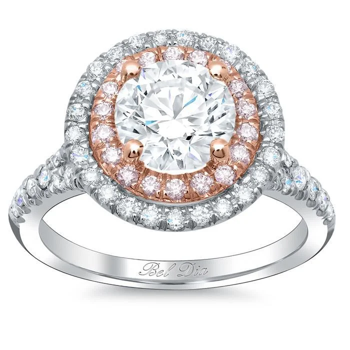 Women’s rings with engraved constellations for stars -Double Halo Engagement Ring with Pink Diamonds for Round