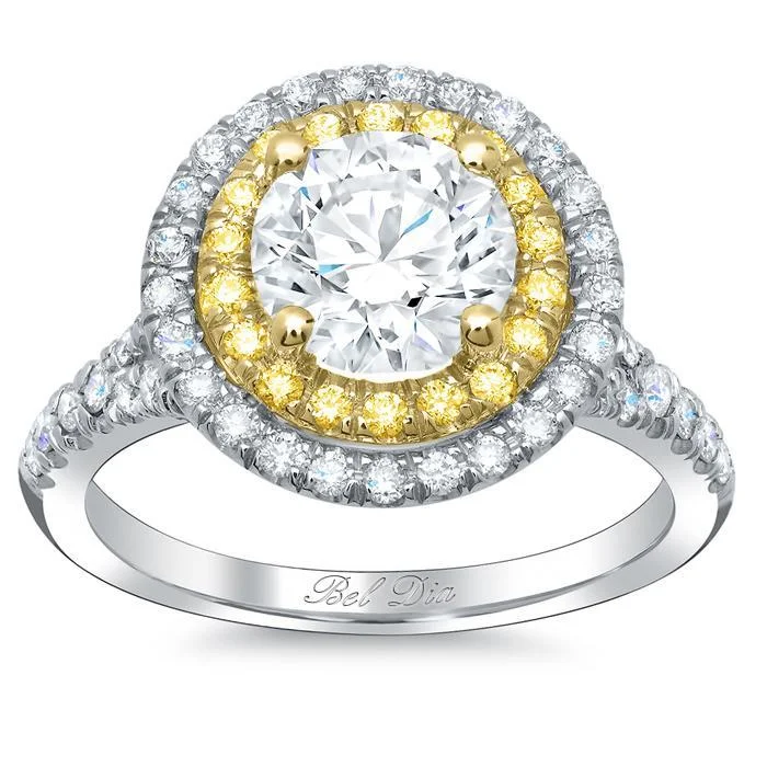 Women’s rings with crown-inspired topaz designs -Double Halo Engagement Ring with Yellow Diamonds for Round