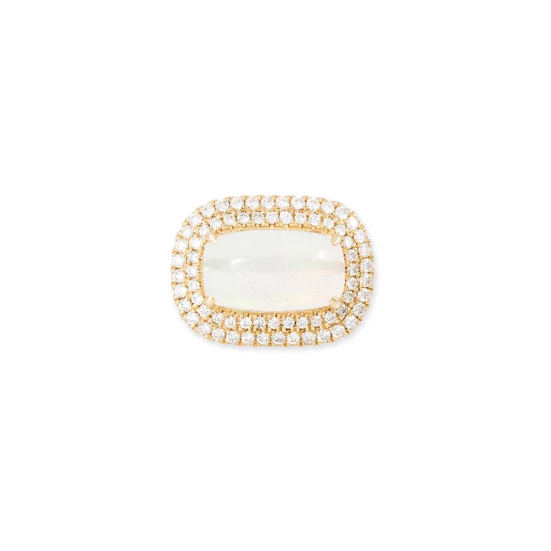 Women’s rings with polished peacock ore glow -DOUBLE ROW PAVE BORDER OPAL RECTANGLE RING