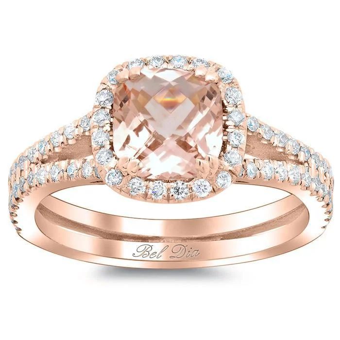 Women’s rings with matte silver for understated -Double Shank Morganite Cushion Halo Engagement Ring