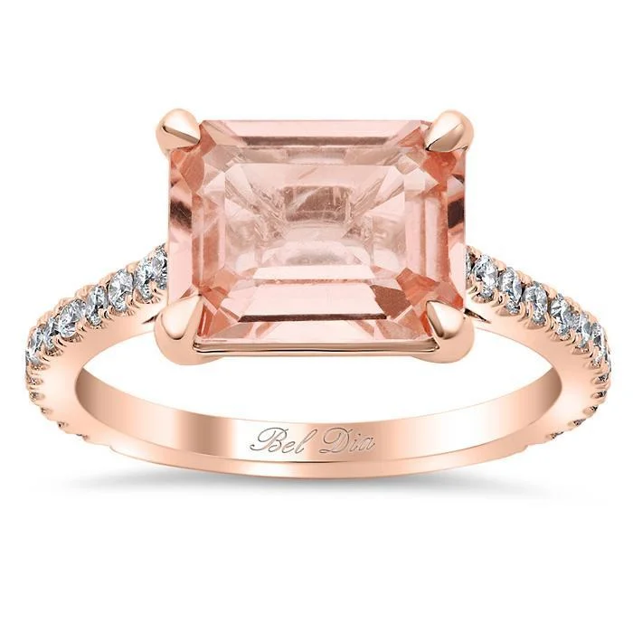 Women’s rings with etched wave band designs -East-West Morganite Engagement Ring