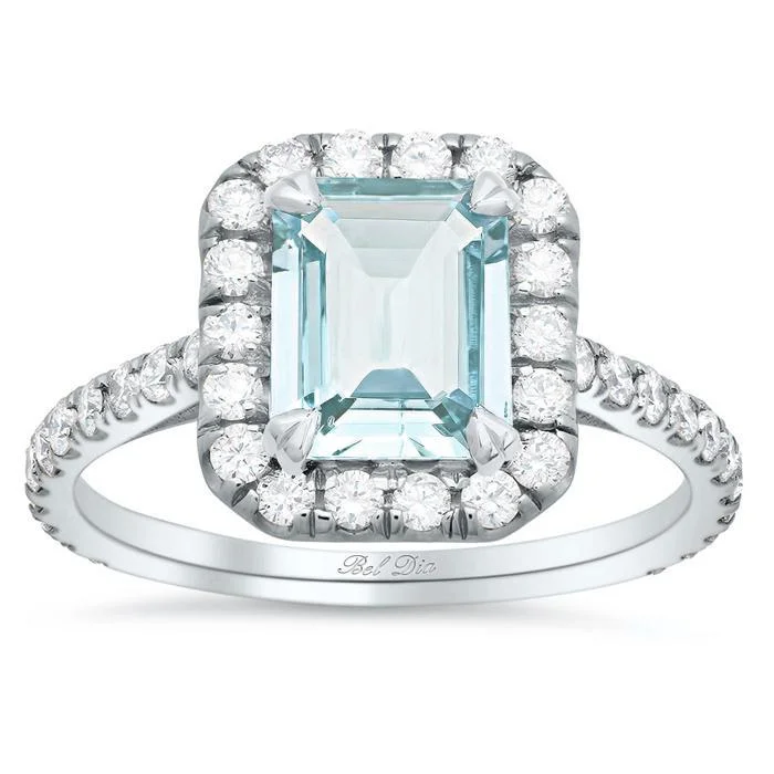 Women’s rings with starburst sapphire for radiance -Emerald Cut Aquamarine Pave Diamond Halo Engagement Ring