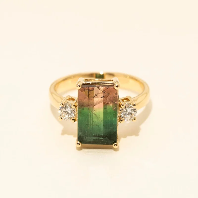 Women’s rings with citrine stones for warmth -Emerald Cut Bicolor Tourmaline Ring in 14kt Yellow Gold with Diamonds (1/3ct tw)