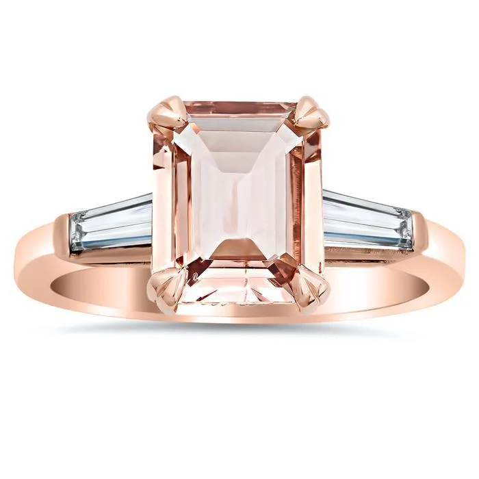 Women’s rings with twisted bands for style -Emerald Cut Morganite and Baguette Three Stone Engagement Ring