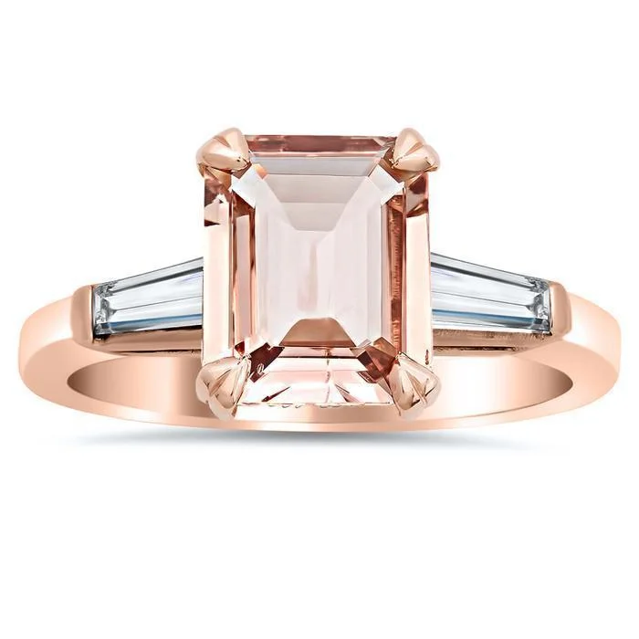 Women’s rings with yin-yang onyx designs -Emerald Cut Morganite & Diamond Three Stone Ring 18kt Rose