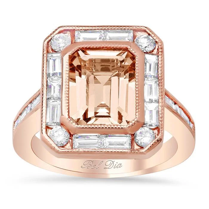 Women’s rings with rough opal for beauty -Emerald Cut Morganite Baguette Diamond Halo Rose Gold Engagement Ring