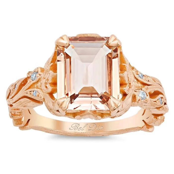 Women’s rings with vintage claw prong settings -Emerald Cut Morganite Engagement Ring with Leaf Design