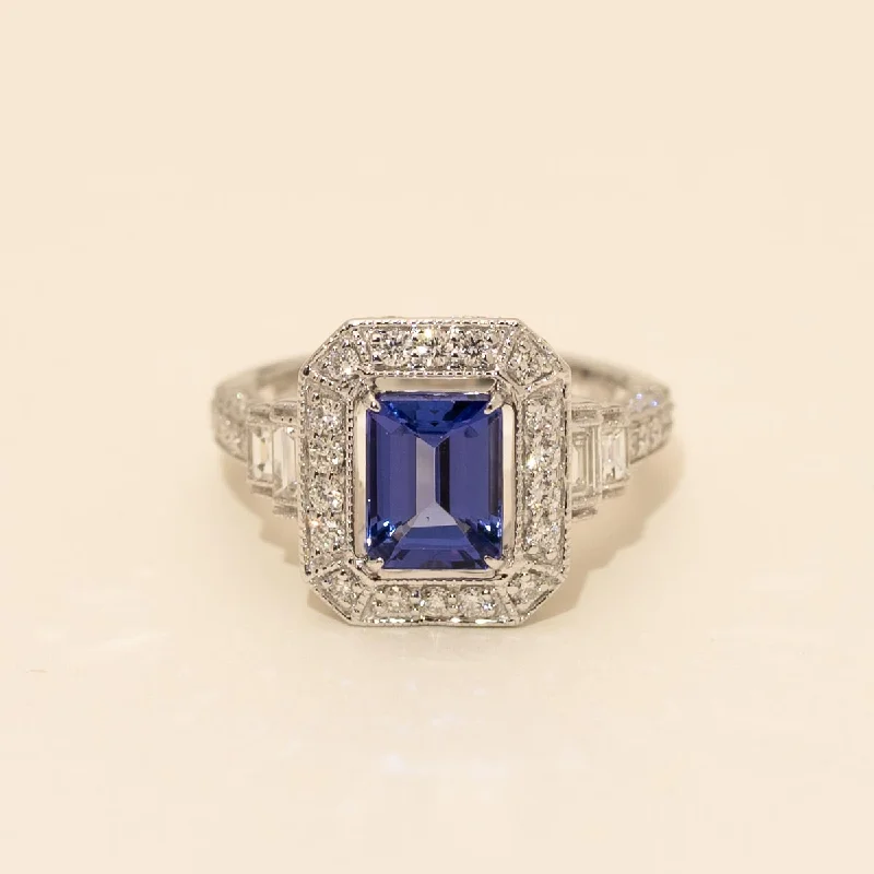 Women’s minimalist rings with polished onyx shine -Emerald Cut Tanzanite Ring in 14kt White Gold with Diamonds (1ct tw)