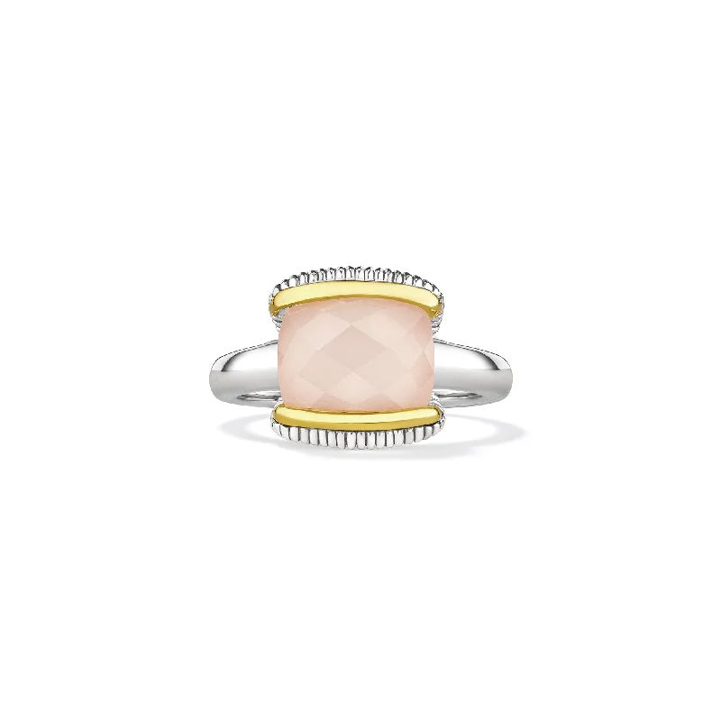 Women’s rings with hematite for metallic shine -Eternity Ring with Rose Quartz over Pink Mother of Pearl Doublet and 18K Gold