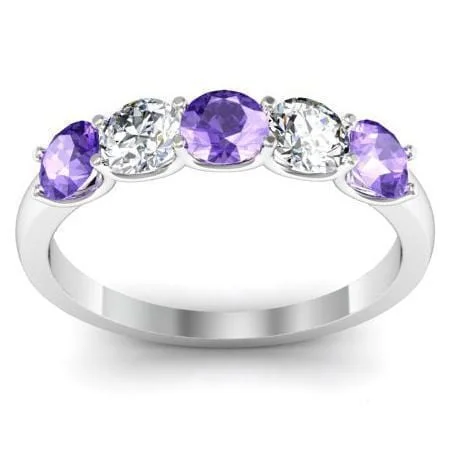 Women’s statement rings with large coral gems -1.00cttw U Prong Amethyst and Diamond 5 Stone Ring