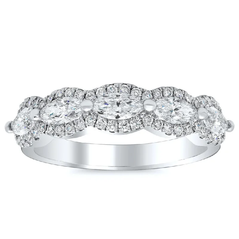 Women’s delicate rings with tiny sapphire accents -Five Stone Marquise Diamond Halo Wedding Ring in 18kt White Gold