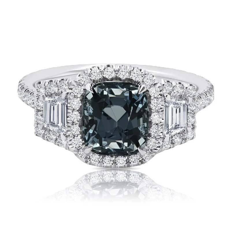 Women’s rings with polished peacock ore glow -Grey Spinel Diamond Halo Three Stone Ring 14kt White Gold