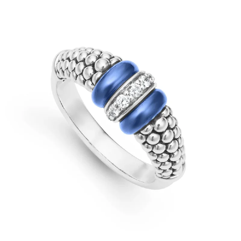 Women’s rings with engraved floral band patterns -Lagos Blue Caviar Ceramic and Diamond Caviar Ring