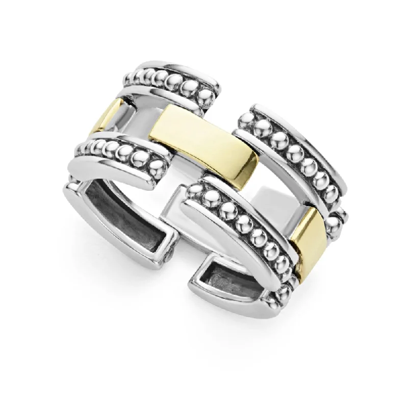 Women’s rings with spiral onyx for contrast -Lagos High Bar Two-Tone Caviar Link Ring