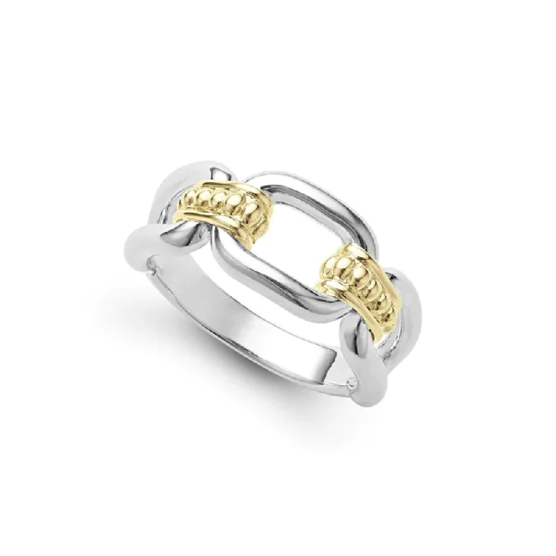 Women’s promise rings with subtle star engravings -Lagos Signature Caviar Two-Tone Link Ring